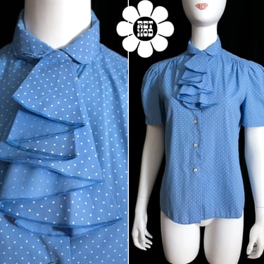 Cute Vintage 70s Light Blue & White Polka Dot Short Sleeve Blouse with Removable Ruffle Collar 