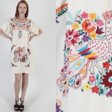 Cream Mexican Peacock Dress Hand Embroidered Sundress Colorful South American Fiesta Clothing Flutter Sleeve Muslin Dress 