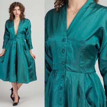 80s does 50s Teal Satin Shirt Dress - Small | Vintage Button Up Dolman Sleeve Midi Shirtdress 
