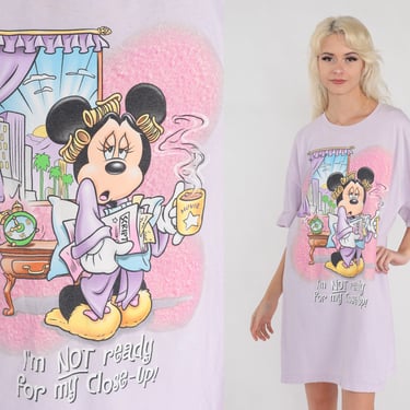 Minnie Mouse T-Shirt Dress Y2K Disney Pajama Dress Cartoon Nightgown Disneyland Nightie Mini Close-Up Purple Vintage 00s Small Medium Large 