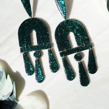 Kacie Earrings | Emerald Green Glitter, Super Lightweight Statement Earrings, Polymer Clay, Hypoallergenic Nickel Free, Sparkly Party Style 