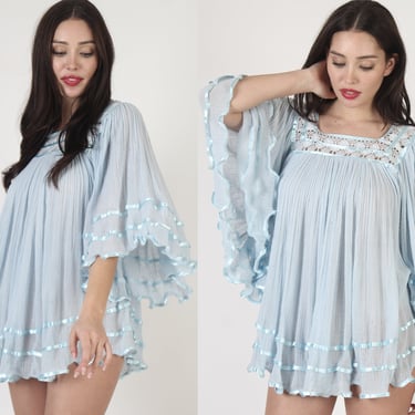 Sky Blue Mexican Gauze Tunic / Kimono Sleeve Cotton Blouse / Lightweight Sheer See Through Top / Airy Crochet Trim Angel Beach Mini Dress 