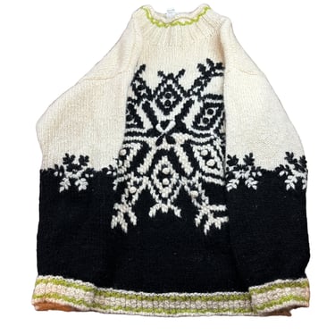 Vintage 80's Express Tricot Black and White Handknit Snowflake Thick Wool Sweater, XS 