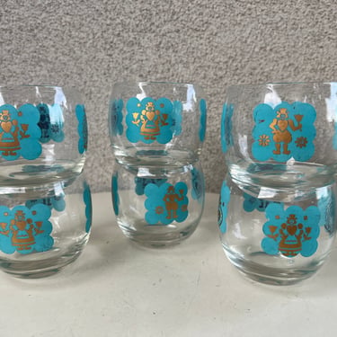 Vintage Federal Glass Co roly poly set 6 glasses Pennsylvania Dutch theme turquoise blue gold 