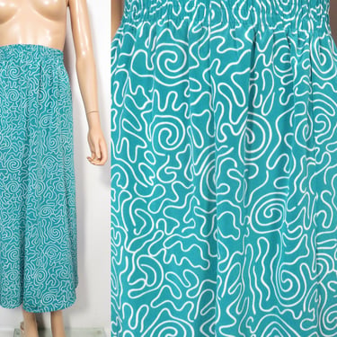 Vintage 80s Teal Squiggle Print Mermaid Cut Maxi Skirt Made In USA Size XS 