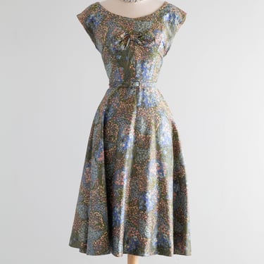 Gorgeous 1950's Flower Field Polished Cotton Party Dress By Marcel Miami / M