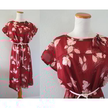 Vintage 70s Floral Dress - Burgundy Blouson Style Casual Boho Hippie Midi Dress - Size Large L 