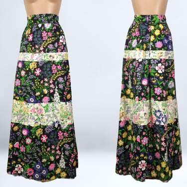 VINTAGE 70s Psychedelic Floral Black & White Color Block Maxi Skirt with Sequins 27