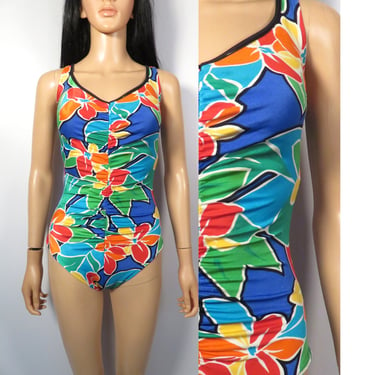 Vintage 70s Rose Marie Reid Ruched Tropical Print One Piece Swimsuit Made In USA Size 14 