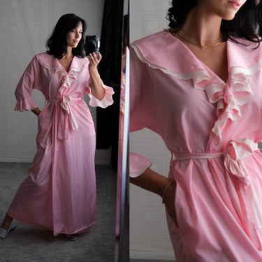 Vintage 60s Eve Stillman for Neiman Marcus Light Pink & Ivory Polkadot Brocade Ruffled Peignoir Robe | 1960s Designer Boudoir Romantic Robe 