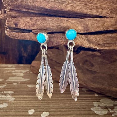 FEATHER CHARMS Silver and Turquoise Dangle Earrings | Handcrafted Jewelry | Navajo Style, Southwestern 