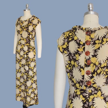 1930s Dress / 30s Floral Silk Gown / Button Back / Column Gown / Floral Print 