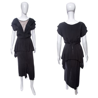 1940's Black Tiered Ruffle and Lace Detail Gown Size M