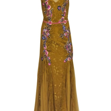 Marchesa Notte - Mustard Lace Maxi Dress w/ Floral Embroidery & Beading Sz 14