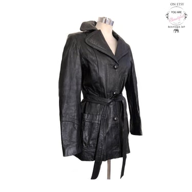 1970's Black Leather Jacket, Tie Belt, Wide Lapels, Vintage leather jacket Coat, Mexican Soft Leather Ossie Clark Hippie Boho style 