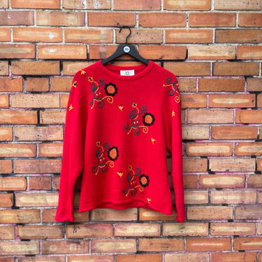 vintage 80s anne klein red wool floral sweater / l large 