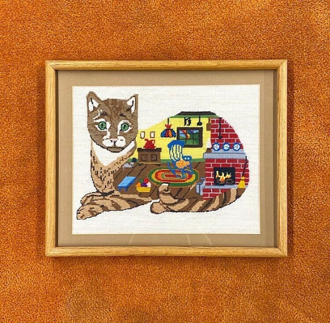 Vintage Cat Needlepoint 1980s Retro Size 17x21 Bohemian + Brown and