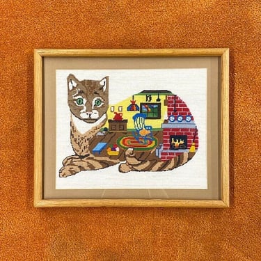 Vintage Cat Needlepoint 1980s Retro Size 17x21 Bohemian + Brown and White Tabby + Interior of Home + Fiber Art + Home and Wall Decor 