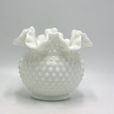 vintage Fenton Hobnail Milk Glass Vase with Ruffled Edge 