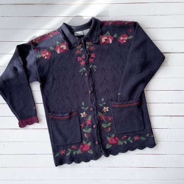 cute cottagecore sweater | 90s vintage navy blue cross stitch embroidered granny streetwear aesthetic cardigan 