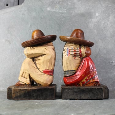 Set of 2 Mexican Siesta Bookends | Souvenir Mexico Wooden Bookends | Carved Mexico Sombrero Bookends | Bixley Shop 