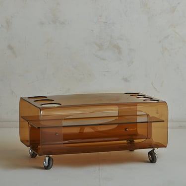 Amber Lucite Cocktail Trolley on Castors Attributed to Michel Dumas, France 1970s