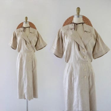 natural linen stripe dress - s - vintage 90s womens beige tan brown striped eco sustainable minimal size small midi dress 