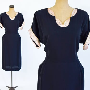 1940s Black Crepe Cocktail Dress | 40s Black Dress & Pink Satin Collar | Old Hollywood |  Large 