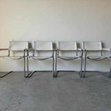1970's Italian Marcel Breuer White  Leather and Tubular Chrome Steel Chairs, Set of 4 