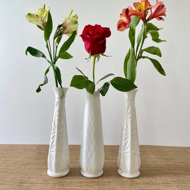 Vintage Tall Milk Glass Bud Vases - Set of 3 - E. O. Brody & Hoosier - Wedding Bridal Shower Decor 