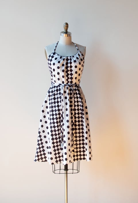 1970s Black and white polka dot checkered sundress 