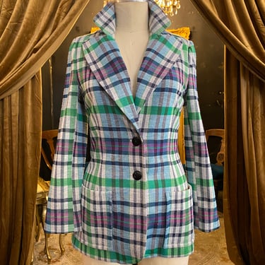 1970s jacket, plaid polyester knit, vintage blazer, act III, size medium, fitted suit jacket, mod, green and purple, retro, minx style, 34 