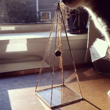 Pyramid Necklace Display Box - tall glass pyramid - jewelry box with hook - silver or copper - eco friendly 
