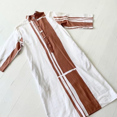1980s White + Brown Abstract Print Cotton Dress 