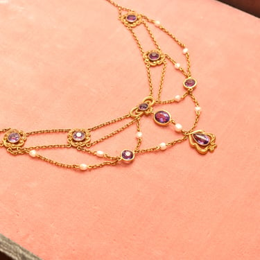Art Nouveau 14K Amethyst & Pearl Festoon Necklace, Estate Jewelry, 15.25