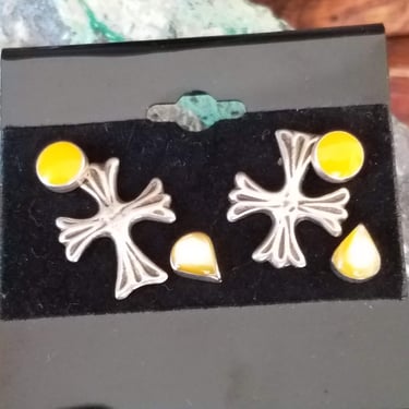 3 Sterling Earrings~Set of Stud Earrings~Cross Earrings~Mustard Color Enamel & Yellow Shell Earrings~Vintage Artisan Jewelry~JewelsandMetals 