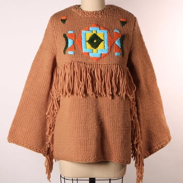 Late 1960s Early 1970s Tan, Blue, Black and Yellow Western Native American Fringe Sleeve Knit Sweater -M-L 