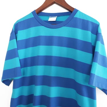 90s striped shirt / baggy t shirt / 1990s blue border striped cotton t shirt baggy oversize fit Medium 