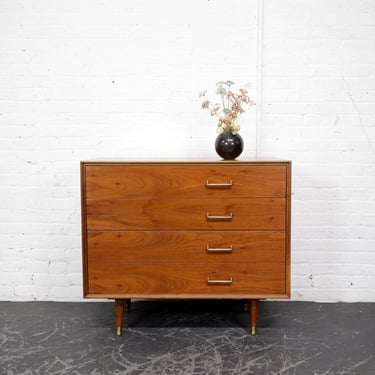 Vintage MCM walnut wood small 4 drawer dresser w/ brass handles | Free delivery only in NYC and Hudson Valley areas 