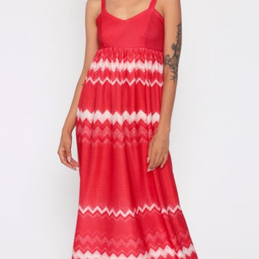 70s Maxi Dress Red Zig Zag Stripe Sundress Boho Tank Summer Spaghetti 1970s Disco Empire Waist Hippie Bohemian Sun Vintage Extra Small xs 