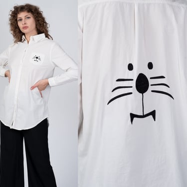 Embroidered Cat Blouse - Medium | White Cotton Long Sleeve Button Up Collared Top 