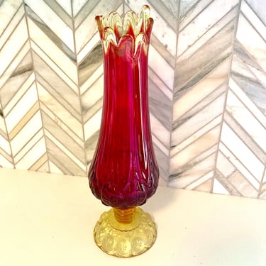 Vintage Amberina Moon and Stars Kawana Glass Swing Vase, Yellow, Red, Retro Glassware, L E Smith Style, Glows! 