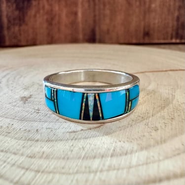 HENDRIX BLUES Micro Inlay Ring | Silver Turquoise Opal Jet | Southwestern Jewelry | Most Likely Zuni Made | Sizes 13 1/2 