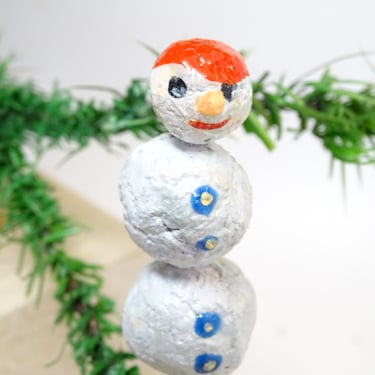 Vintage Hand Made Pulp Paper Mache Snowman Clip On Christmas Tree Ornament, Hand Painted Feather Tree Decor 