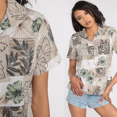 Tropical Floral Shirt Tan Hawaiian Blouse Button Up 80s Vintage Surfer Vacation Short Sleeve Leaf Print Retro Top 90s Medium 