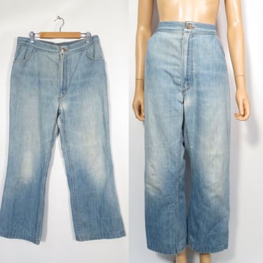Vintage 70s Wrangler Plus Size Beat Up Distressed Perfect Fade High Waist Flare Leg Jeans Made In USA Size 34 x 27 