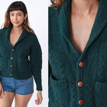 Cable Knit Cardigan 80s Dark Green Wool Sweater Wooden Button Up Grandpa Chunky Cableknit Cozy Fall Winter Basic Plain Vintage 1980s Small S 