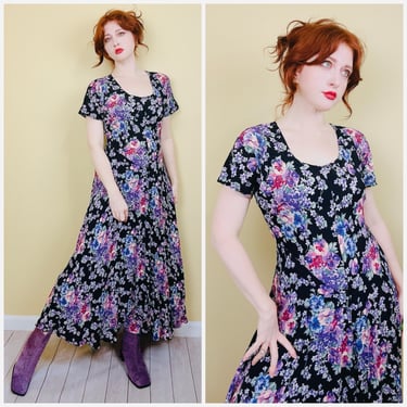 1990s Vintage Starina Rayon Floral Midi Dress / 90s Purple and Black Pansy Grunge Gown / Size Small - Medium 