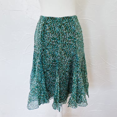 90s/Y2k Silk Ruffled Green Turquoise Leopard Print Skirt | Small/Medium 28
