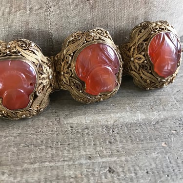 Large Chinese Gilt Silver Carnelian Bracelet, Early 20th C, Vintage Jewelry, KH 
